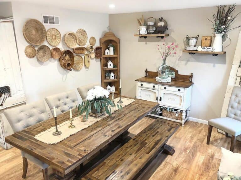 Rustic Dining Room With Rattan Wall Décor