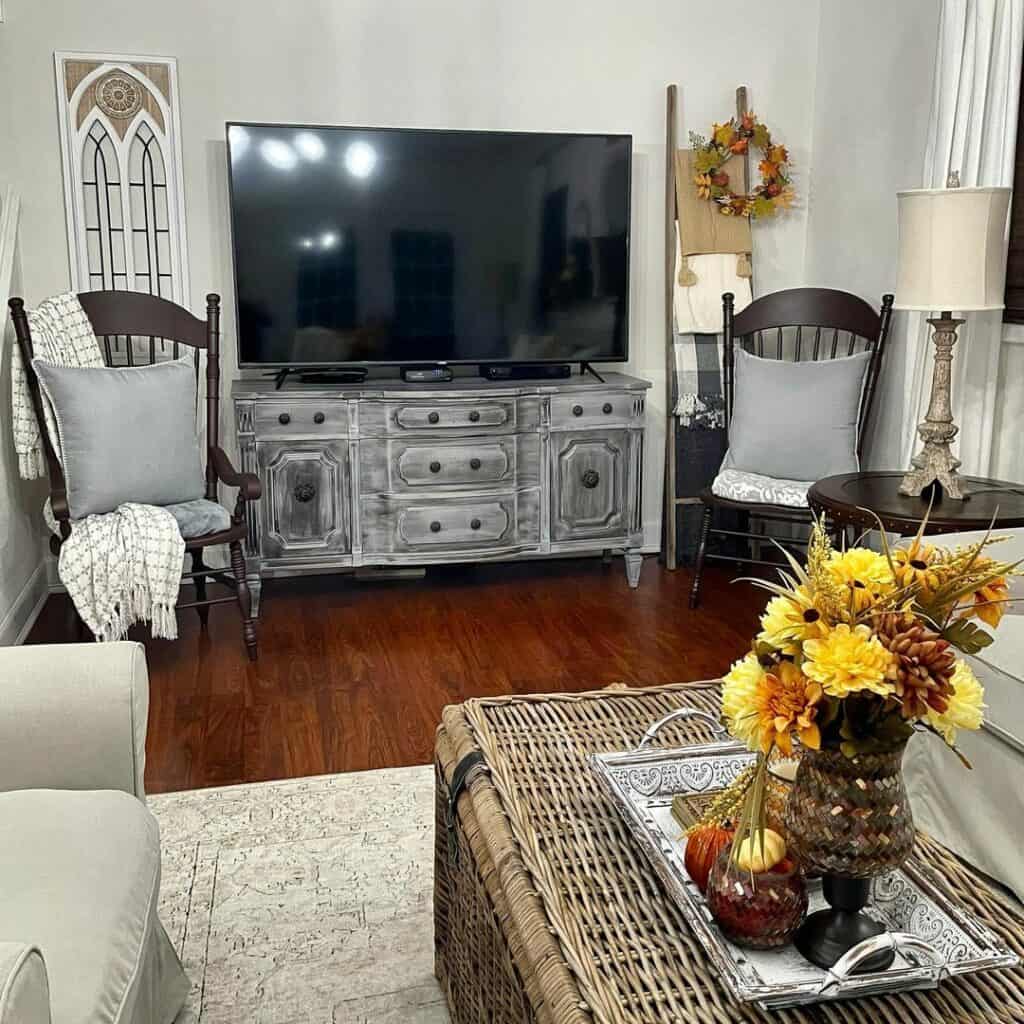 Rustic Gray Console Table With Flatscreen TV
