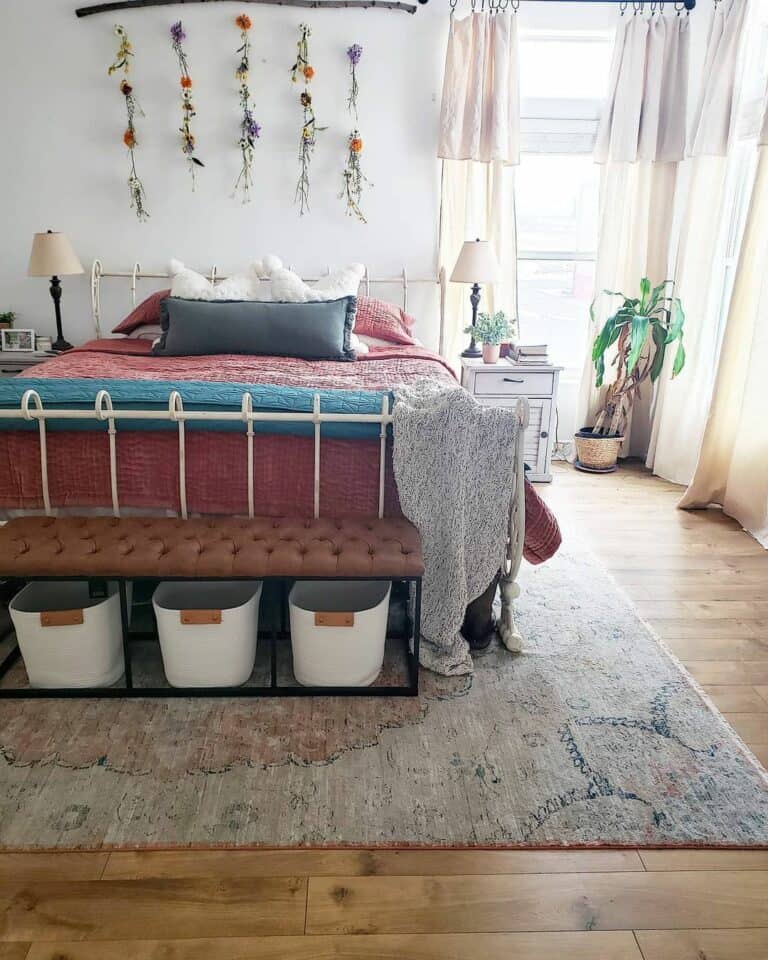 Rustic Upholstered Bedroom Bench With Organization Baskets