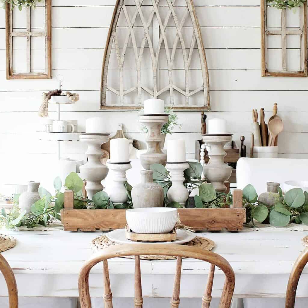 Rustic White Dining Centerpieces With Eucalyptus