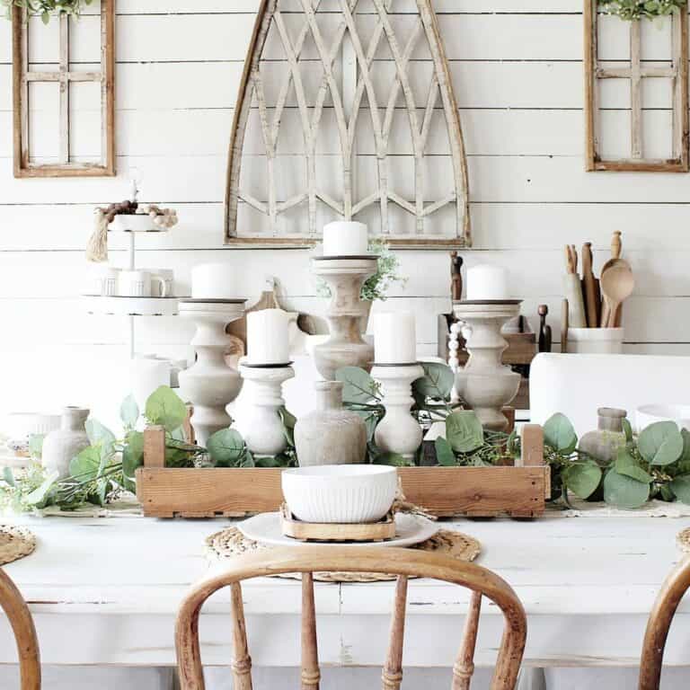 Rustic White Dining Centerpieces With Eucalyptus