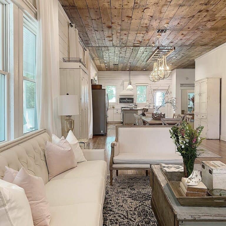 Rustic Wood Paneled Ceiling With Industrial Lighting