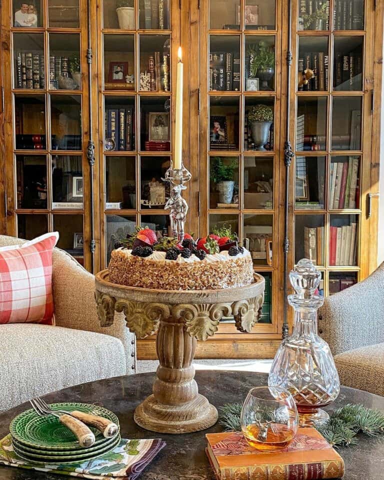 Rustic Wooden Bookcase With French Glass Panel Doors