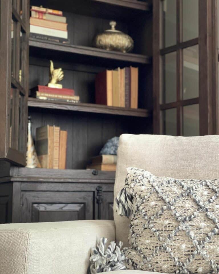 Rustic Wooden Bookcase With French Paneled Glass Doors