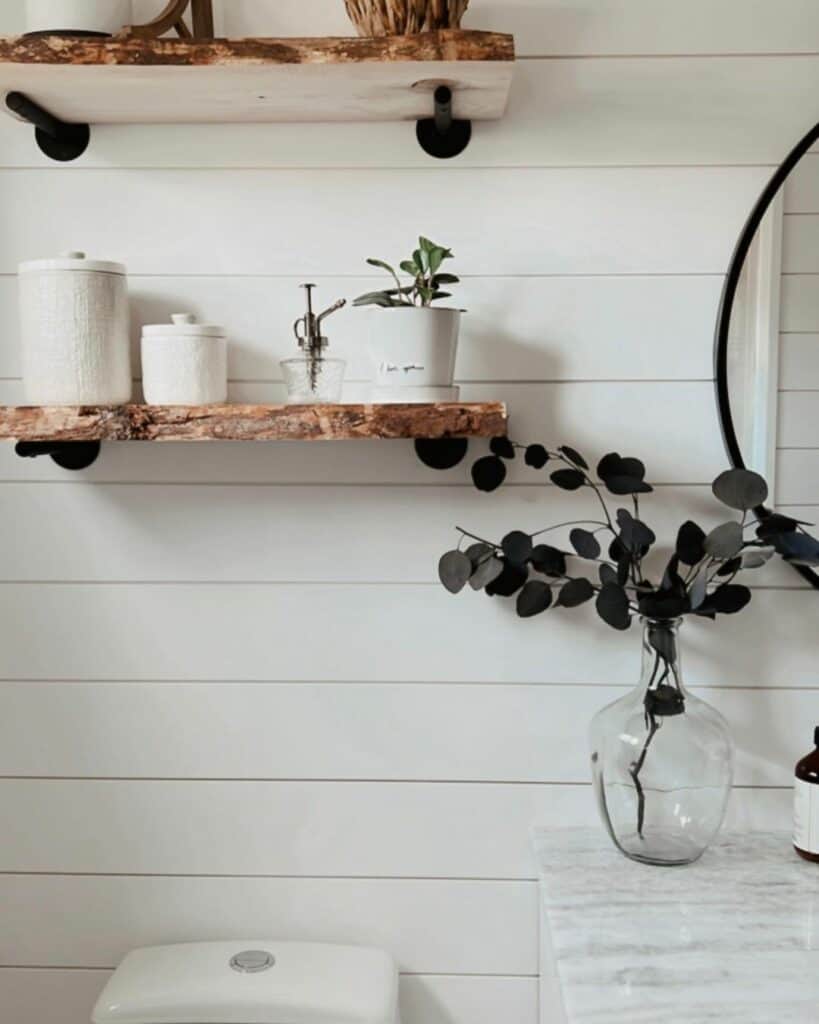 Shiplap Bathroom With Textured Wood Shelves