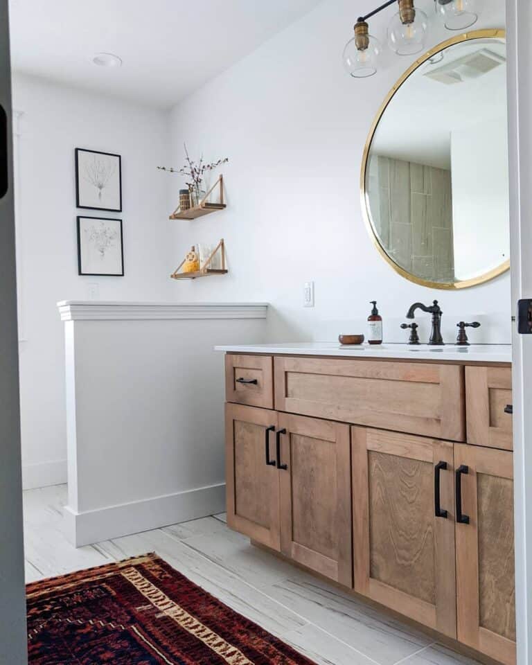 Simple Bathroom With Stained Wood Vanity