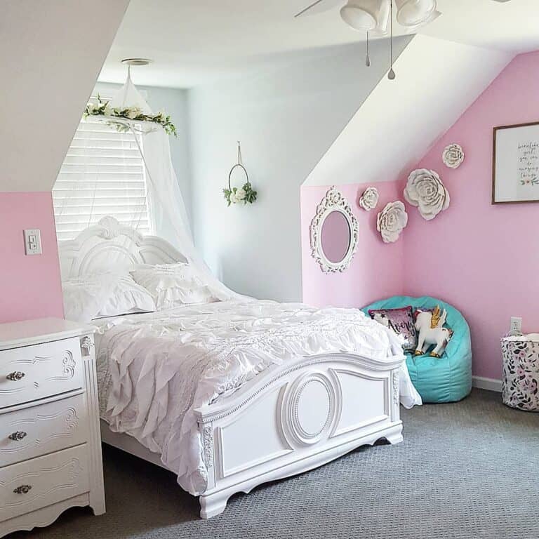 Slanted Ceiling Pink Bedroom With Alcove