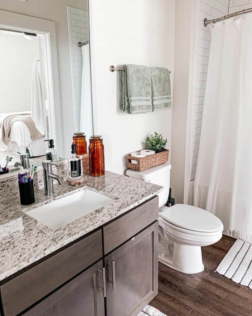 Small Bathroom With Stained Wood Vanity