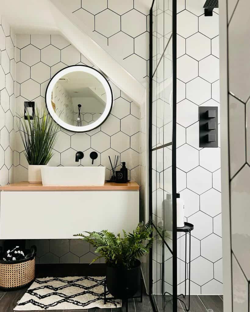 Small Bathroom With White Hexagon Tile Walls
