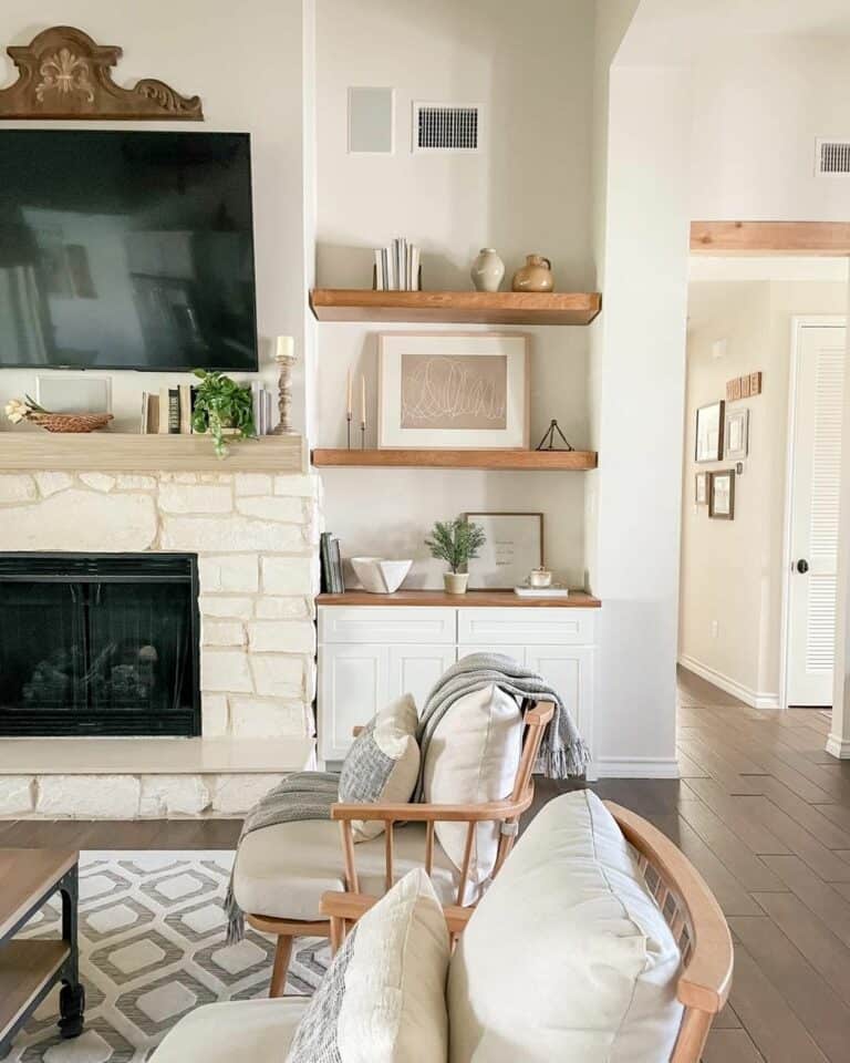 Small Living Room Fireplace Framed with Floating Shelves