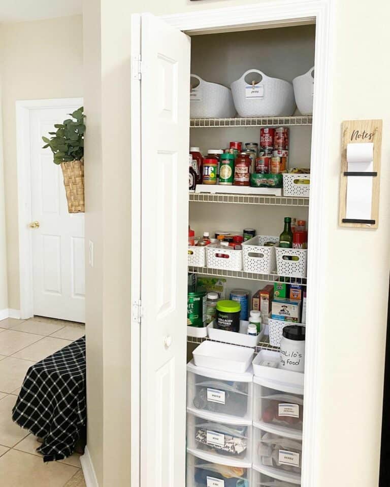 Small Narrow Pantry With Plastic Bins