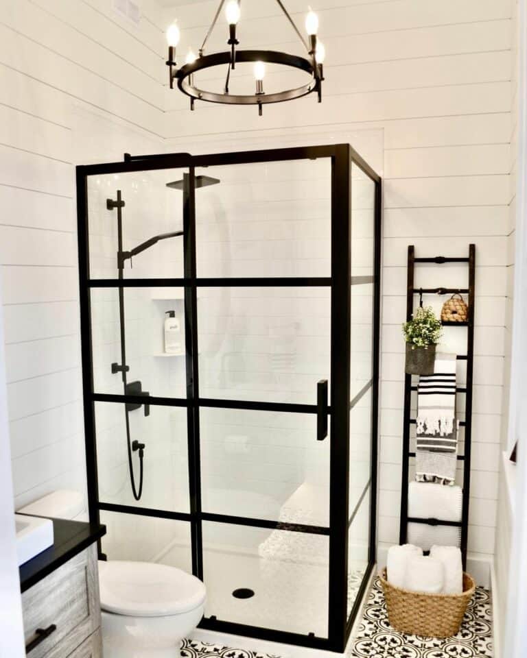Small Shower With Black French-paneled Glass Doors