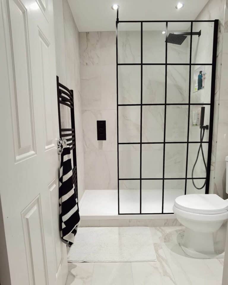 Spacious Bathroom With Black-accented Glass Panels