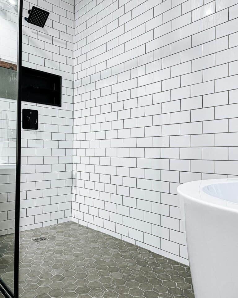 Spacious Walk-in Shower With Grey Hexagonal Floor Tiles