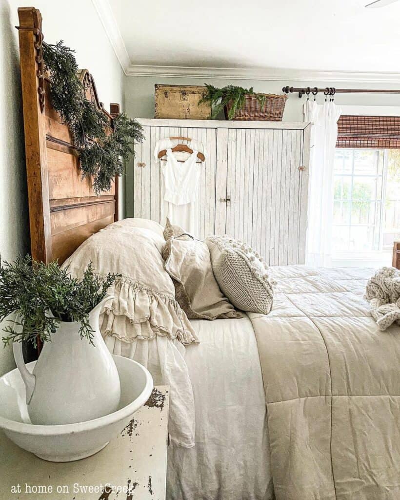 Stained Wood Farmhouse Bed With Beige Bedding