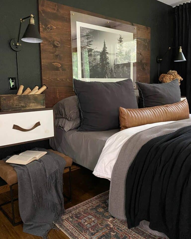 Stained Wood Headboard With Framed Photo