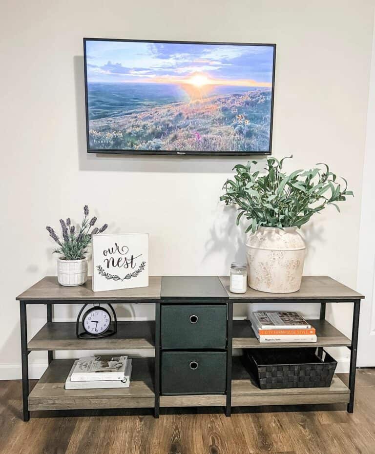 Stained Wood and Black Metal TV Console