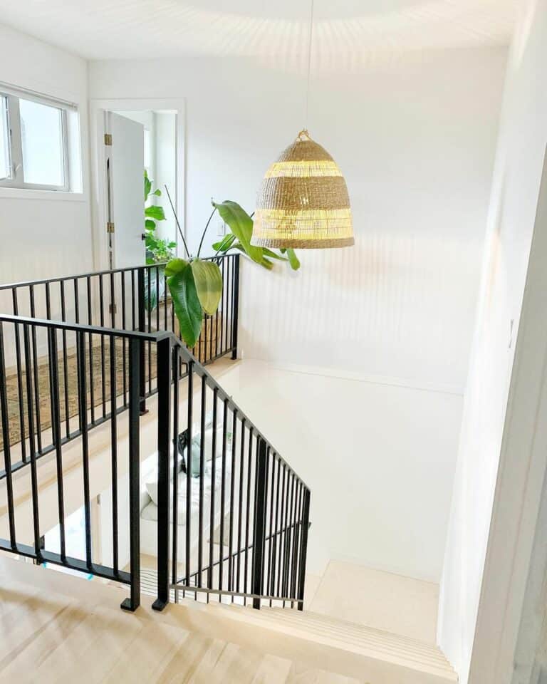 Stairway Landing With Rattan Lighting Fixture