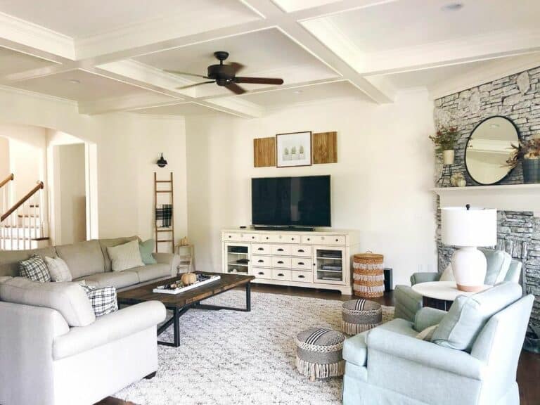 Stone Fireplace in Farmhouse Living Room