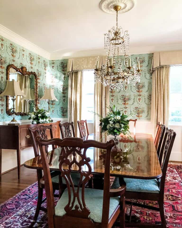Sumptuous Dining Room With Mint Green Wallpaper