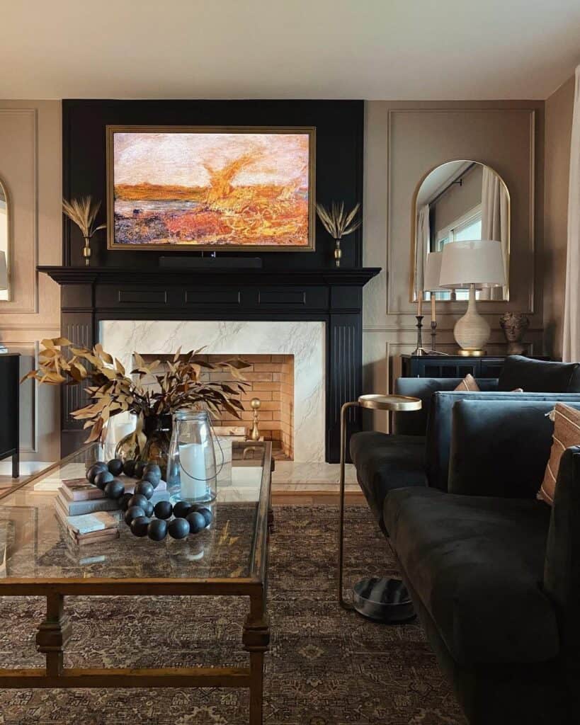 TV Above White Marble Fireplace With Black Trim