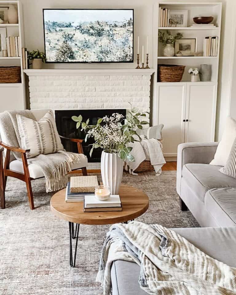 TV Wall With White Painted Brick Fireplace
