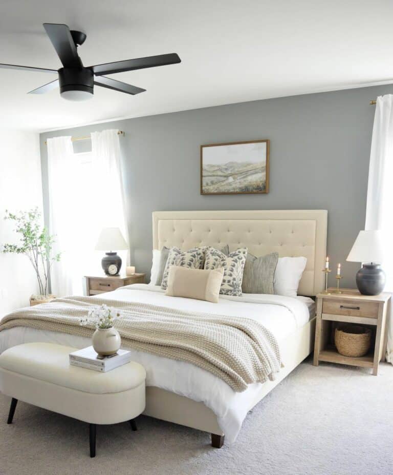 Tufted Cream Headboard Against Light Gray Wall