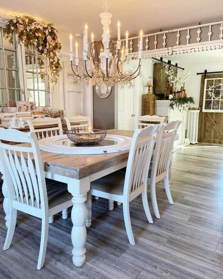 Two-toned White Dining Table With White Chandelier