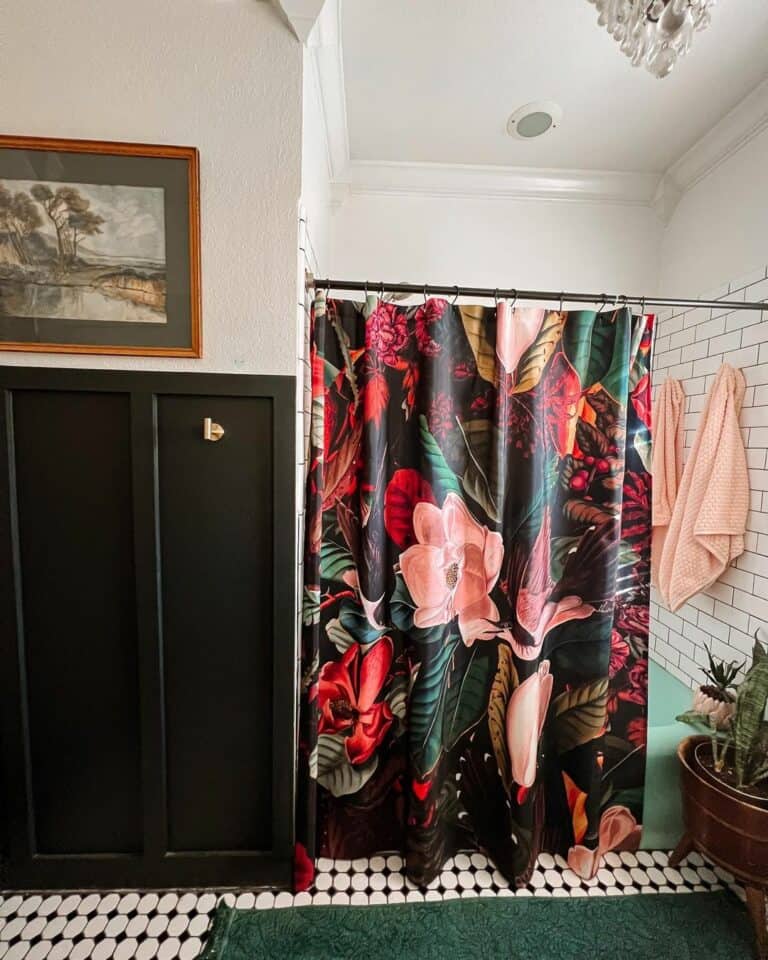 Vibrant Floral Curtain in Modern Bathroom