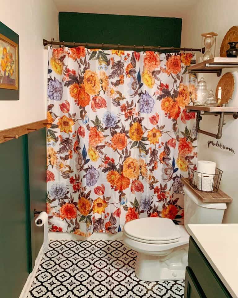 Vintage Bathroom With Floral Shower Curtain