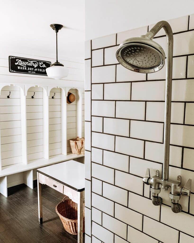 Vintage Farmhouse Mudroom With Shower