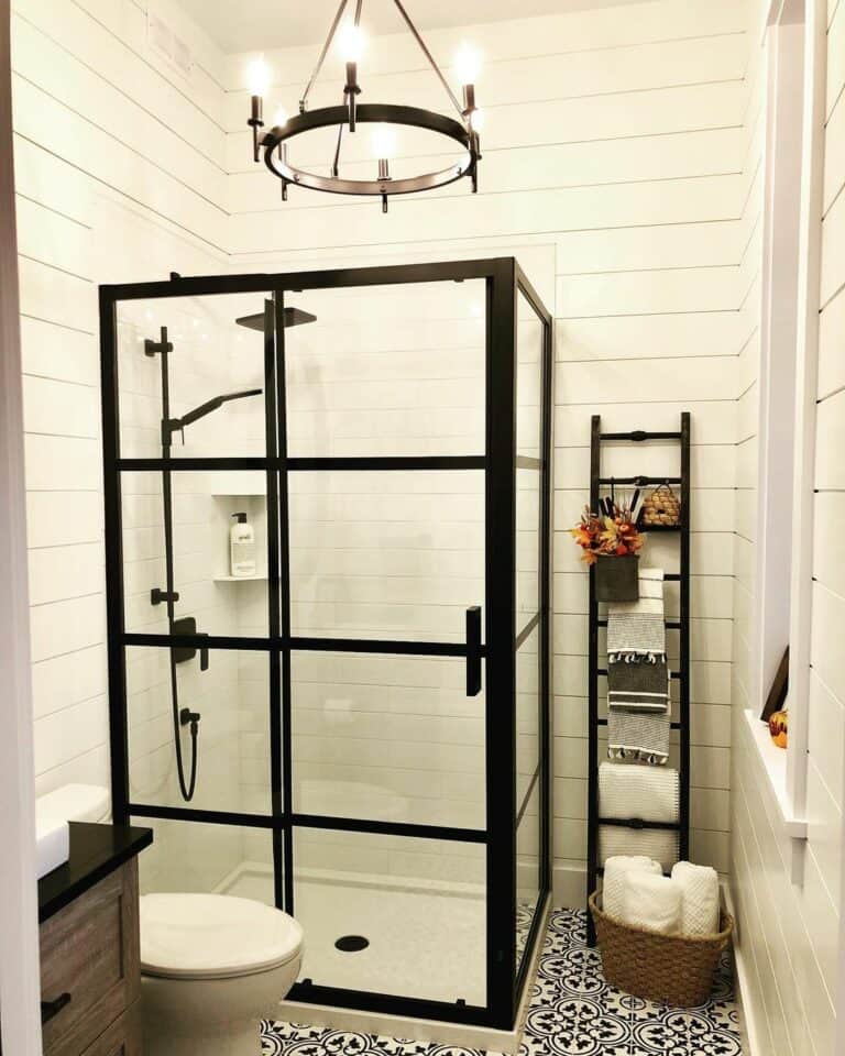 Wagon Wheel Chandelier Over Corner Shower