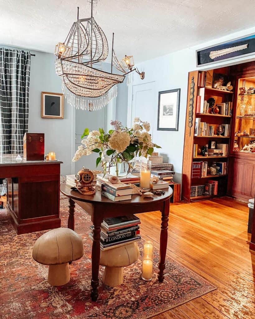 Whimsical Library With Crystal Ship Chandelier