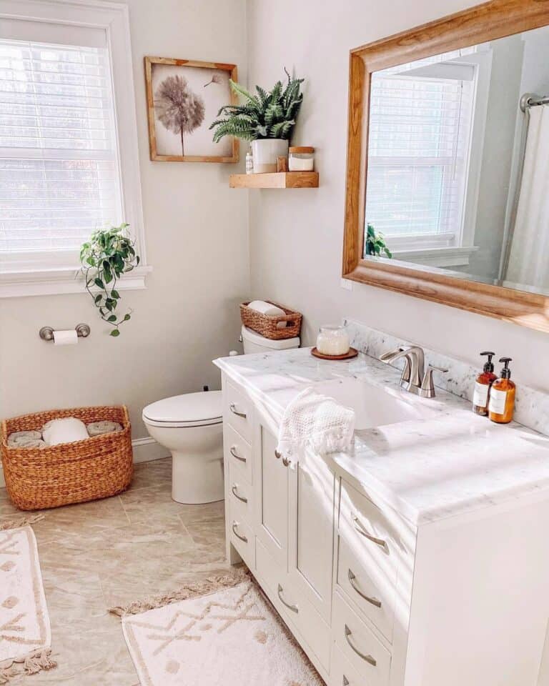 White Bathroom Cabinet With Wood Frame Mirror