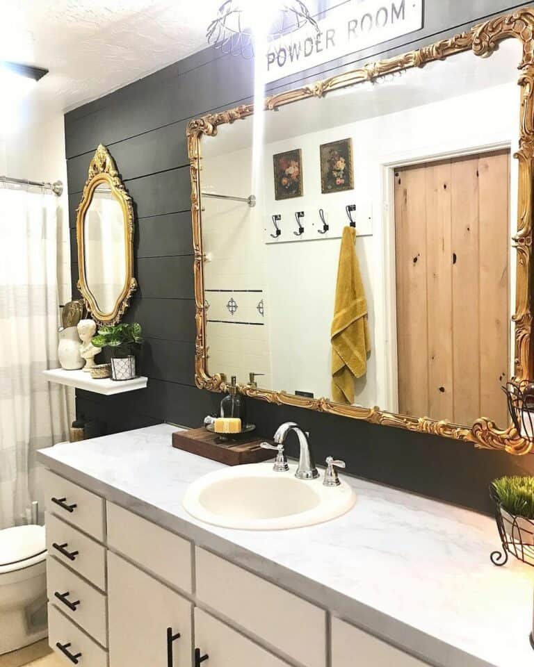 White Bathroom Vanity With Gold Frame Mirror