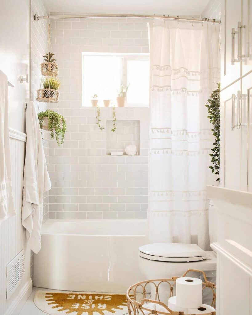 White Bathroom With Patterned Shower Curtain