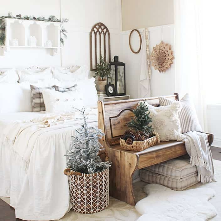 White Bed With Stained Wood Bedroom Bench