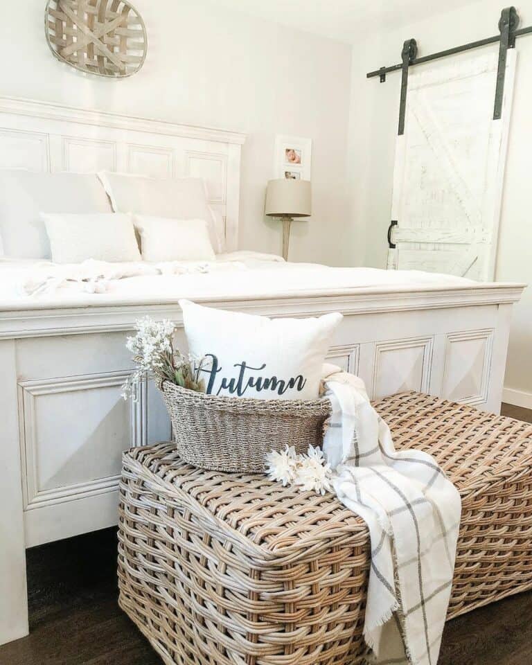 White Bed With Woven Basket Storage