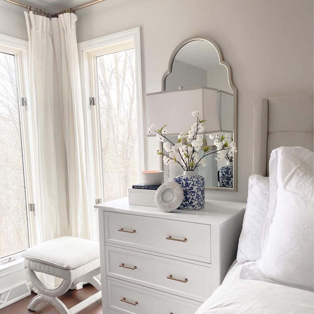 29 White Bedroom Ideas To Refresh Your Sleeping Space White Bedroom Dresser With Brass Pulls