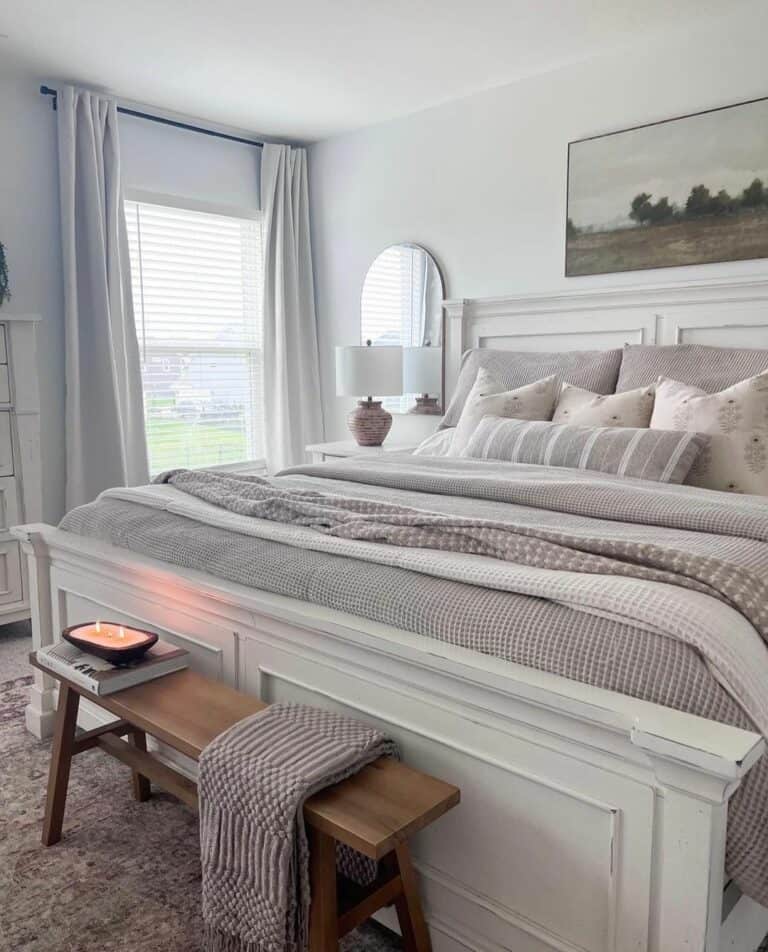 White Bedroom With Wood Accent Bench