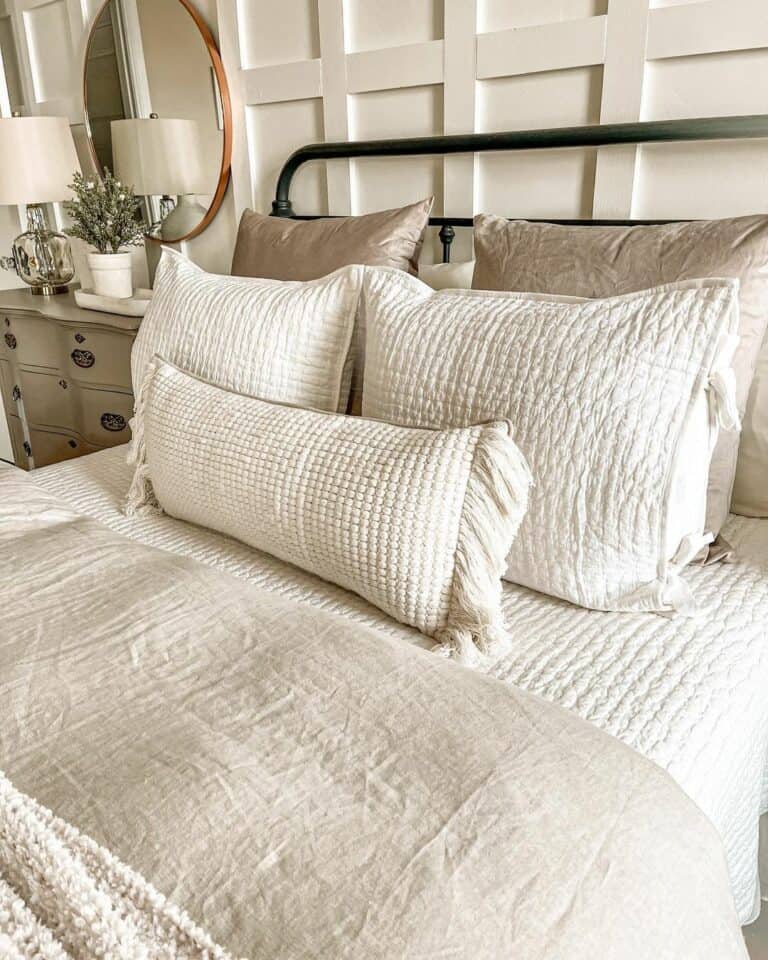 White Board and Batten Bedroom With Beige Bed