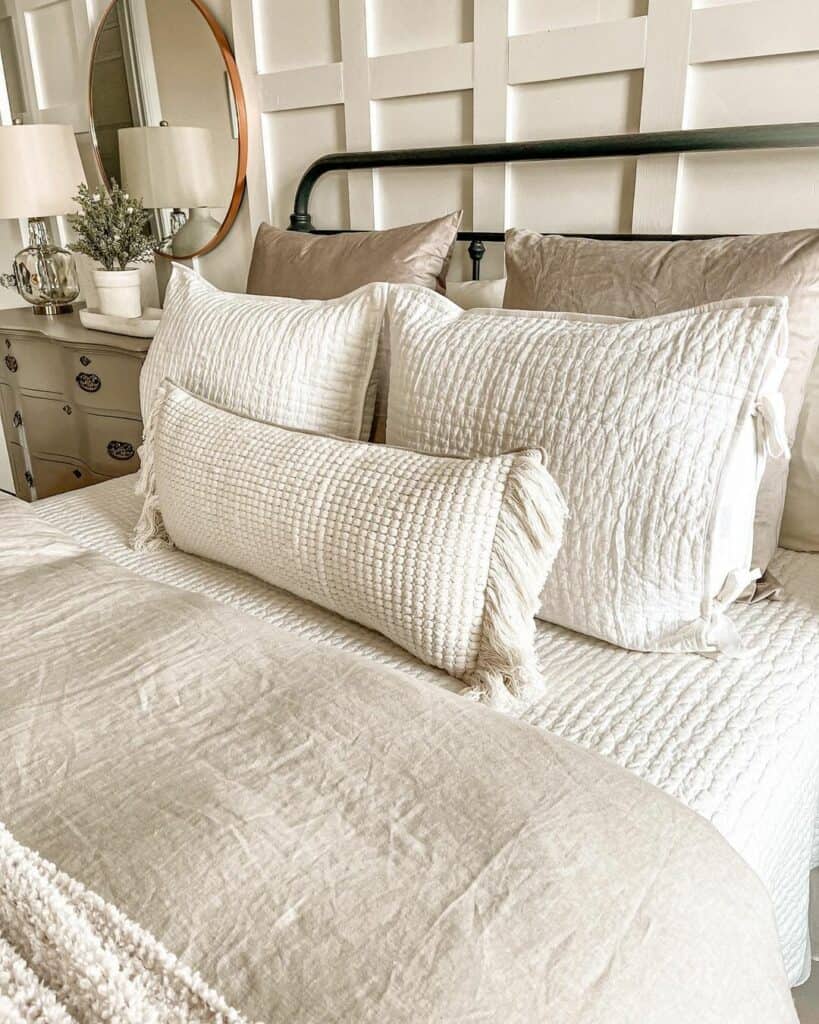 White Board and Batten Bedroom With Beige Bed