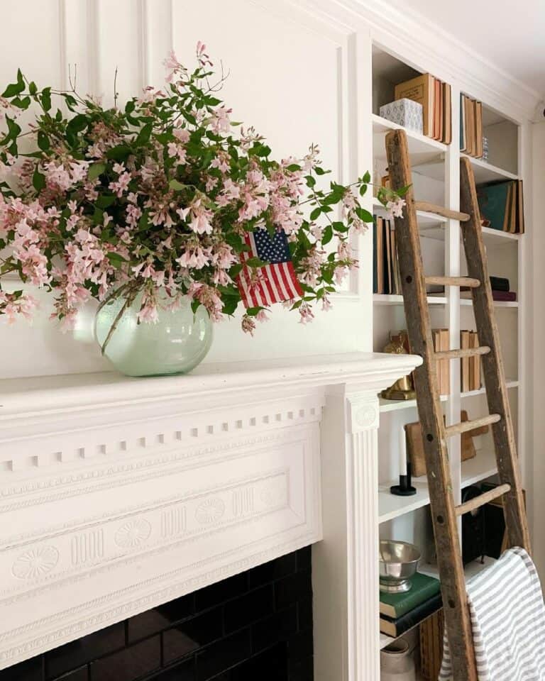 White Built-in Living Room Shelves With Books