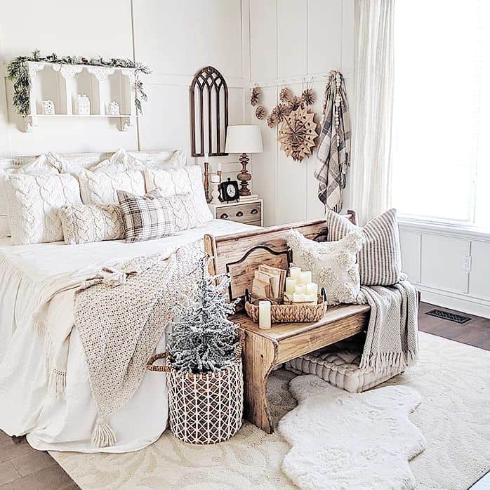 White Farmhouse Bed With Wood Bedroom Bench