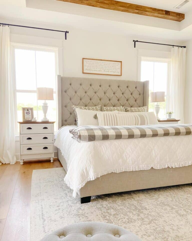White Farmhouse Bedroom With Greige Tufted Bed Soul & Lane