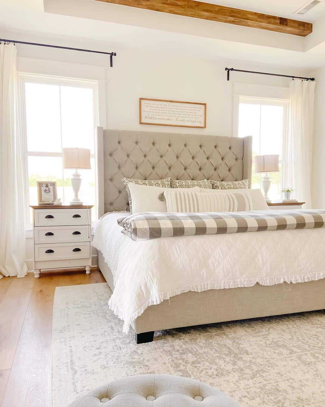 White Farmhouse Bedroom With Greige Tufted Bed Soul & Lane