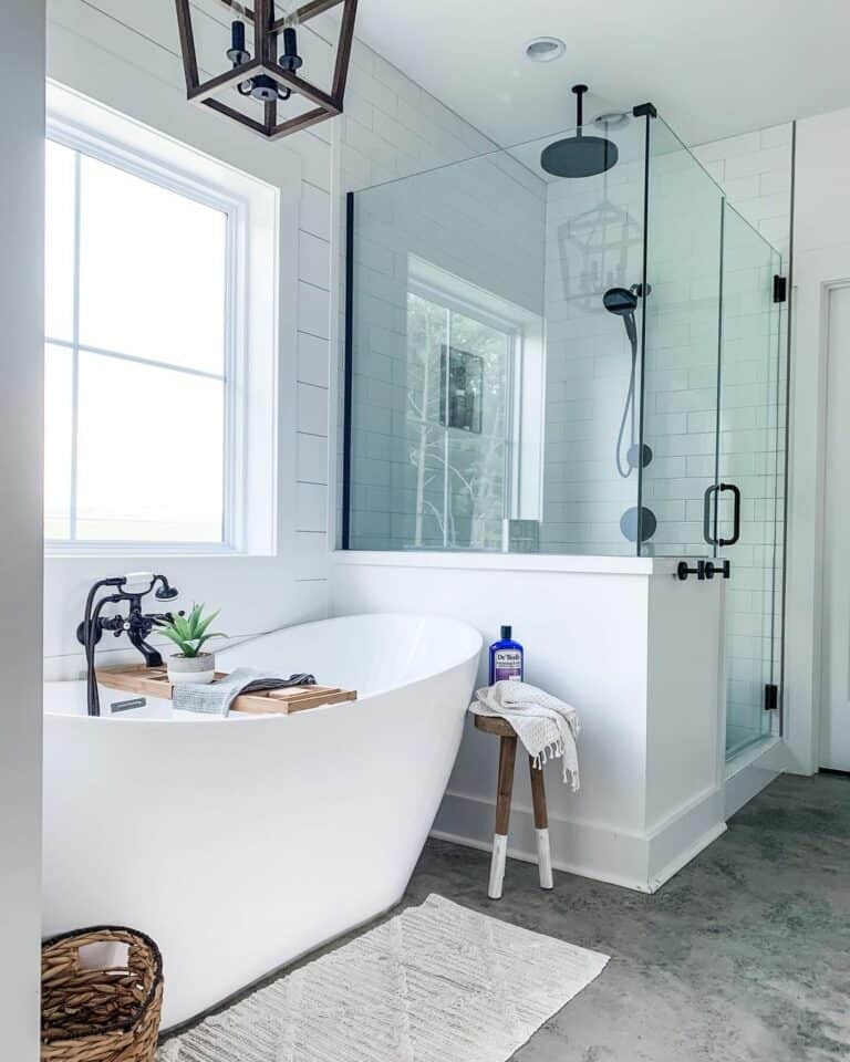 White Farmhouse Shower With Oval Tub