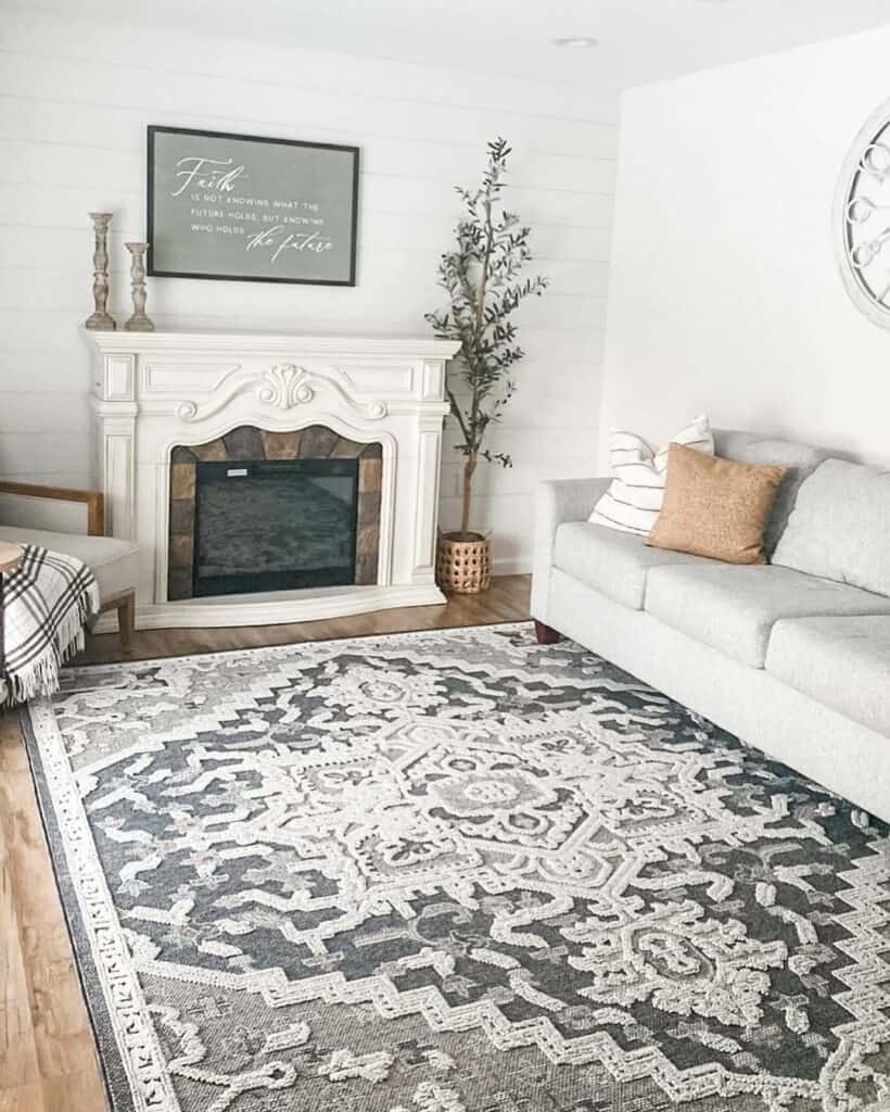 White Fireplace in Rectangle Living Room Layout