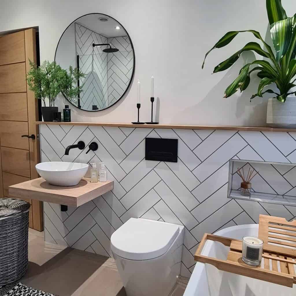 White Herringbone Tile Bathroom Half Wall