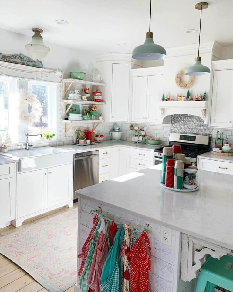 White Kitchen With Colorful Shelf Ideas